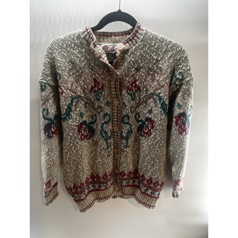 vintage Isle Of Cotton cardigan‎ W/embroidered Flowers Medium Tan
